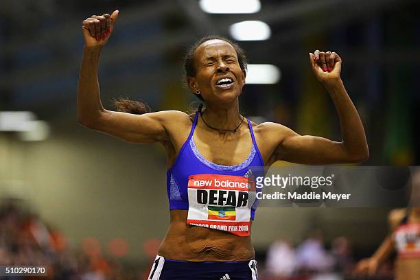 Meseret Defar of Ethiopia celebrates after winning the Women's 3000m during the New Balance Indoor Grand Prix at Reggie Lewis Center on February 14,...
