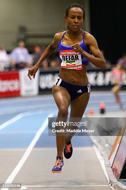 Meseret Defar of Ethiopia leads in the Women's 3000m during the New Balance Indoor Grand Prix at Reggie Lewis Center on February 14, 2016 in Boston,...