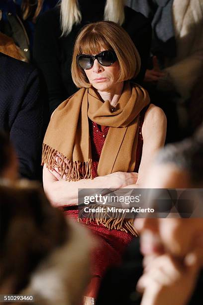 Vogue Magazine fashion editor, Anna Wintour attends the Jonathan Simkhai fashion show during Fall 2016 MADE Fashion Week at Milk Studios on February...