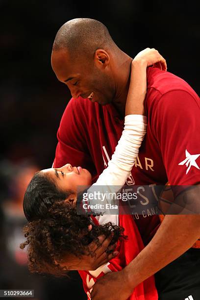 Kobe Bryant of the Los Angeles Lakers and the Western Conference warms up with daughter Gianna Bryant during the NBA All-Star Game 2016 at the Air...