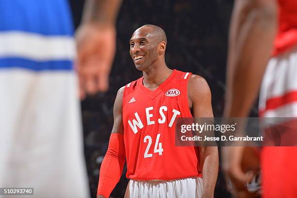 Kobe Bryant of the Western Conference All-Stars smiles during the NBA All-Star Game as part of the 2016 NBA All Star Weekend on February 14, 2016 at...