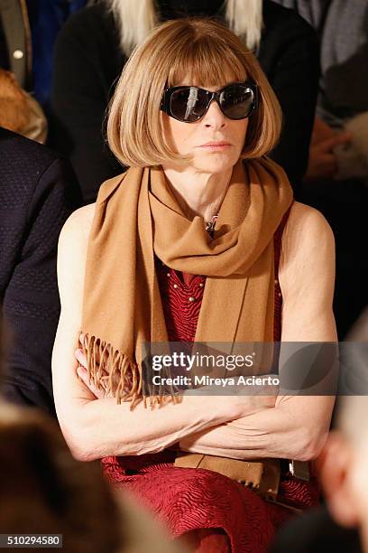 Vogue Magazine fashion editor, Anna Wintour attends the Jonathan Simkhai fashion show during Fall 2016 MADE Fashion Week at Milk Studios on February...