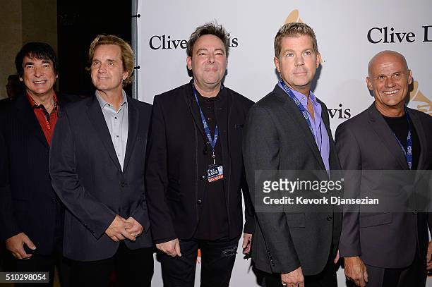 Recording artists Walfredo Reyes Jr., Keith Howland, Lou Pardini, Jason Scheff, and Tris Imboden of music group Chicago attend the 2016 Pre-GRAMMY...
