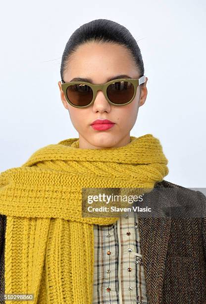 Model poses at J.Crew presentation during Fall 2016 New York Fashion Week at Spring Studios on February 14, 2016 in New York City.
