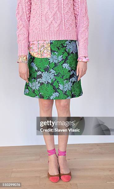 Model poses at J.Crew presentation during Fall 2016 New York Fashion Week at Spring Studios on February 14, 2016 in New York City.