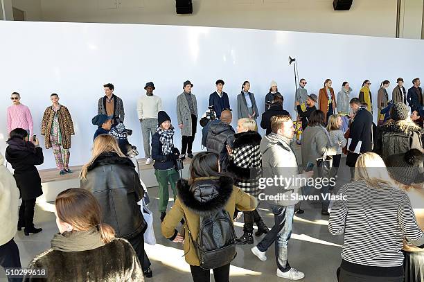 Models pose at J.Crew presentation during Fall 2016 New York Fashion Week at Spring Studios on February 14, 2016 in New York City.