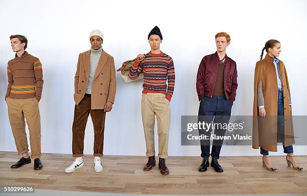 Models pose at J.Crew presentation during Fall 2016 New York Fashion Week at Spring Studios on February 14, 2016 in New York City.