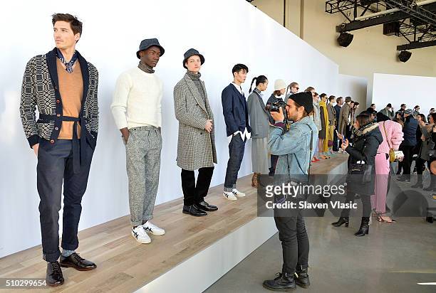 Models pose at J.Crew presentation during Fall 2016 New York Fashion Week at Spring Studios on February 14, 2016 in New York City.
