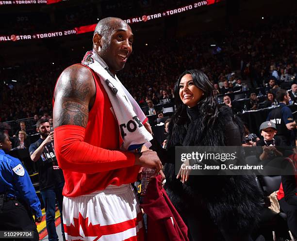 Kobe Bryant of the Western Conference All-Stars looks on after playing in his last NBA All-Star Game as part of the 2016 NBA All Star Weekend on...