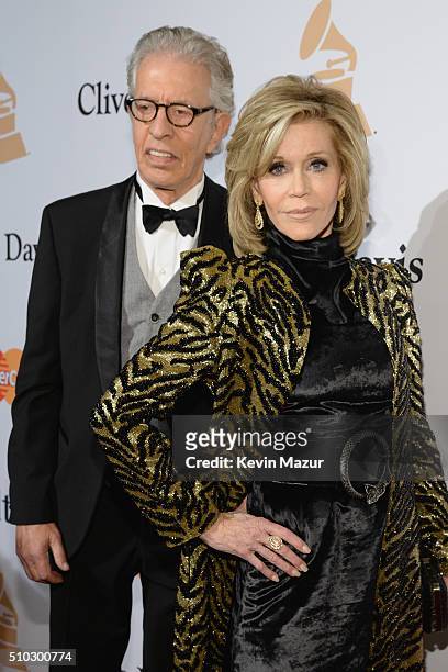 Richard Perry and Jane Fonda attend the 2016 Pre-GRAMMY Gala and Salute to Industry Icons honoring Irving Azoff at The Beverly Hilton Hotel on...