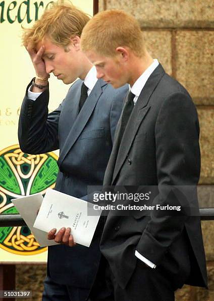 Prince William and Prince Harry follow the coffin of their grandmother and Princess Diana's mother, Frances Shand Kydd at the Cathedral of Saint...