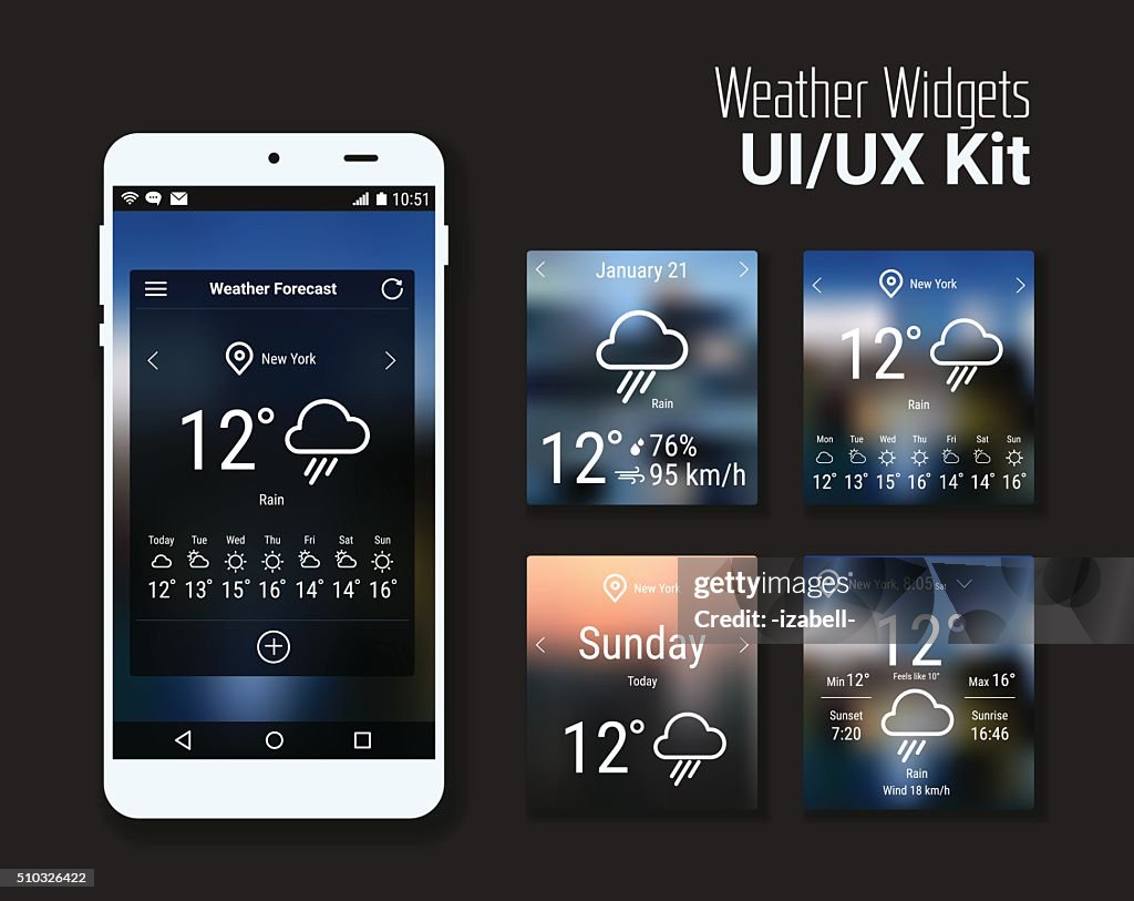 Widget Weather Led Screen Weather Widgets Ui And Ux Blurred Kit High-Res Vector Graphic - Getty ...