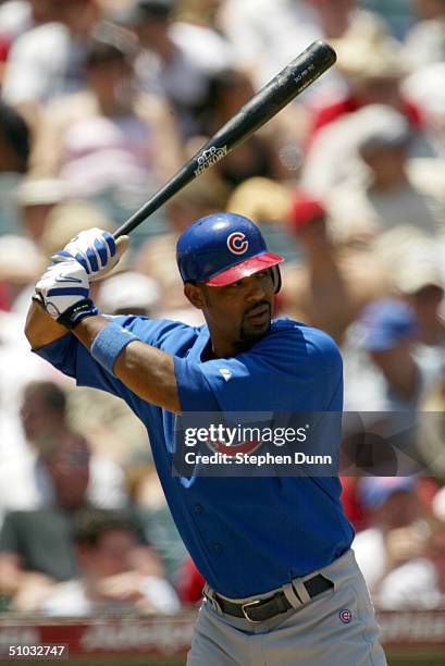 Derrek Lee of the Chicago Cubs stands ready at bat during the game against the Anaheim Angels on June 13, 2004 at Angel Stadium in Anaheim,...