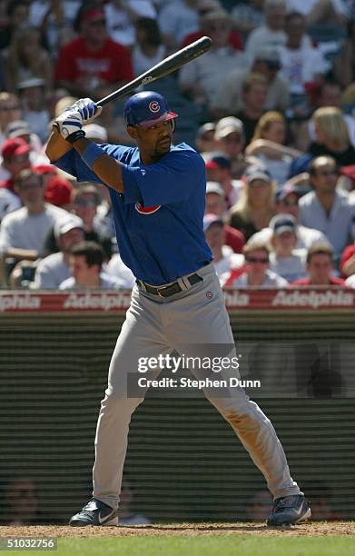 Derrek Lee of the Chicago Cubs stands ready at bat during the game against the Anaheim Angels on June 13, 2004 at Angel Stadium in Anaheim,...