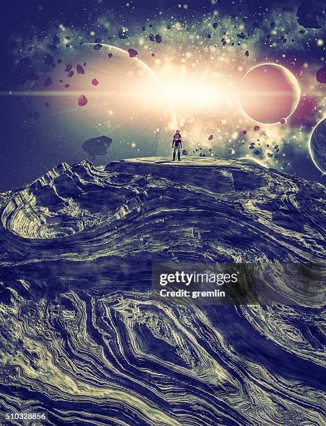 astronaut on alien planet watching local nebulae cluster - extrasolar planet stock pictures, royalty-free photos & images