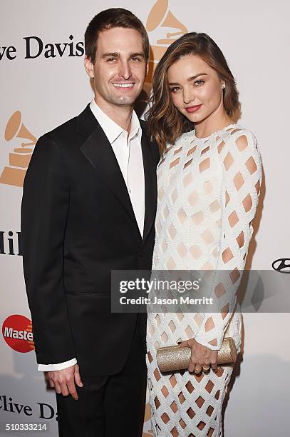 Co-founder of Snapchat Evan Spiegel and model Miranda Kerr attend the 2016 Pre-GRAMMY Gala and Salute to Industry Icons honoring Irving Azoff at The...