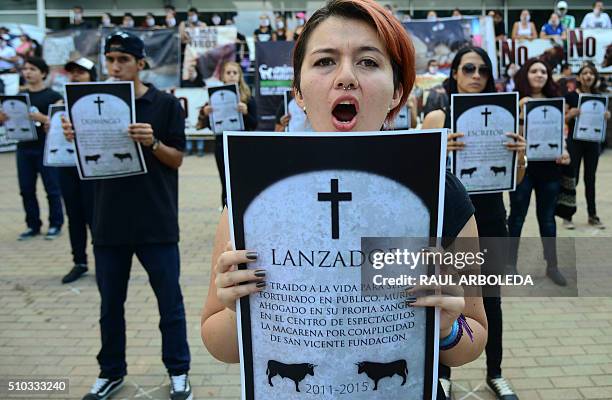 AnimaNaturalis activists protest against bullfighting on February 14, 2016 in Medellin, Antioquia department, Colombia. / AFP / RAUL ARBOLEDA