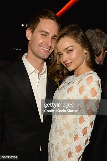 Model Miranda Kerr and entrepreneur Evan Spiegel attend the 2016 Pre-GRAMMY Gala and Salute to Industry Icons honoring Irving Azoff at The Beverly...