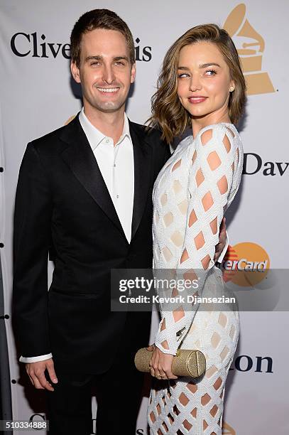 Co-founder and CEO of Snapchat Evan Spiegel and model Miranda Kerr attend the 2016 Pre-GRAMMY Gala and Salute to Industry Icons honoring Irving Azoff...