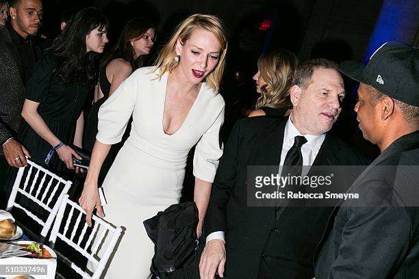 Actress Uma Thurman, producer Harvey Weinstein, and rapper Jay Z attend the amFAR New York Gala at Cipriani Wall Street in New York, NY on February...