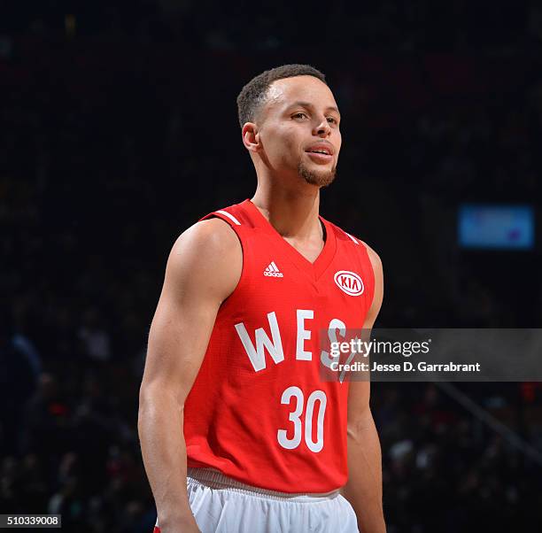 Stephen Curry of the Western Conference All-Stars looks on during the NBA All-Star Game as part of the 2016 NBA All Star Weekend on February 14, 2016...