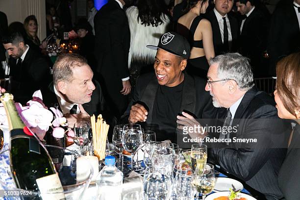 Producer Harvey Weinstein, rapper Jay Z and actor Robert De Niro attend the amFAR New York Gala at Cipriani Wall Street in New York, NY on February...