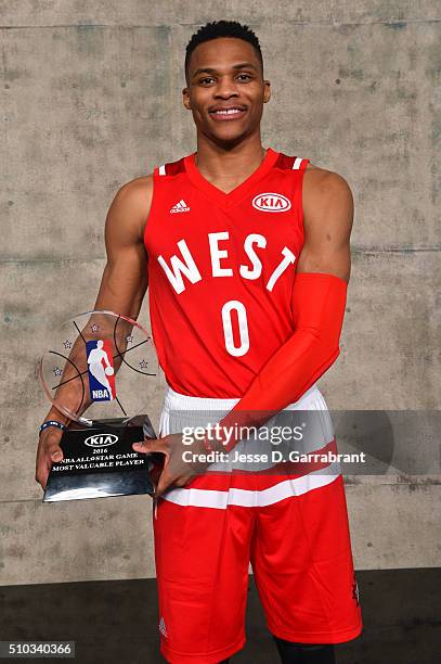 Russell Westbrook of the West All-Stars poses for a portrait with the MVP Trophy of the 2016 NBA All-Star Game on February 14, 2016 at the Air Canada...