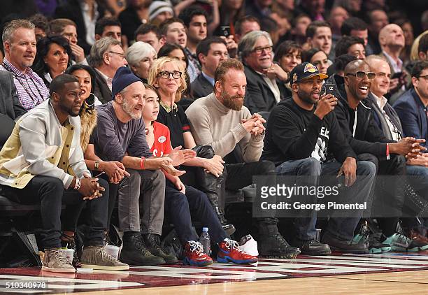 Actor Kevin Hart, Eniko Parrish, TV Personality Jon Stewart, Trudie Styler, Musician Sting, Guest and J. B. Smoove attend the 2016 NBA All-Star Game...