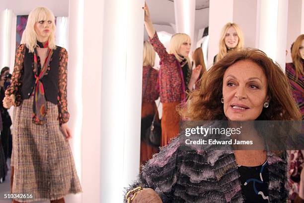 Designer Dian von Furstenberg poses during the Diane von Furstenberg fashion presentation during New York Fashion Week at 440 W 14th St on February...