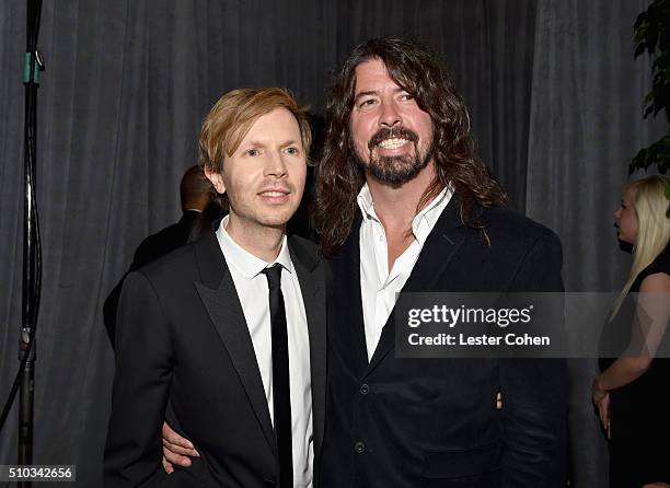 Recording artist Beck and Dave Grohl attend the 2016 Pre-GRAMMY Gala and Salute to Industry Icons honoring Irving Azoff at The Beverly Hilton Hotel...