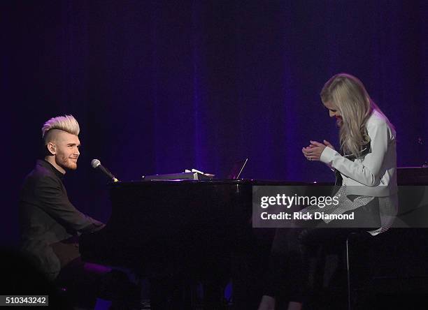 Singer/Songwriter Colton Dixon sings to his new bride Annie at Sam's Place - Music For The Spirit at Ryman Auditorium on February 14, 2016 in...