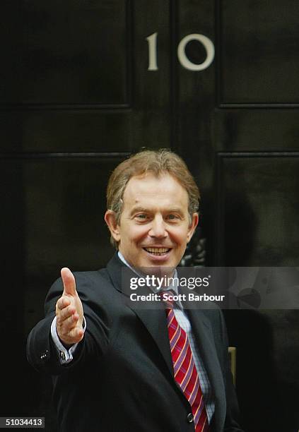 Britain's Prime Minister Tony Blair farewells the President of Finland, Tarja Halonen on May 11, 2004 in London, England. Halonen is on a two day...