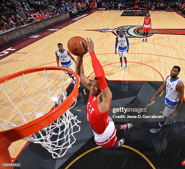 Russell Westbrook of the Western Conference All-Stars dunks the ball during the NBA All-Star Game as part of the 2016 NBA All Star Weekend on...