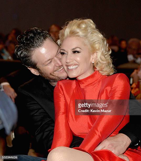 Recording artists Blake Shelton and Gwen Stefani attend the 2016 Pre-GRAMMY Gala and Salute to Industry Icons honoring Irving Azoff at The Beverly...