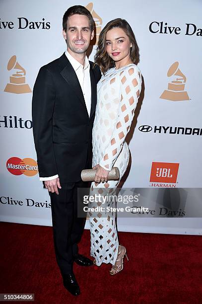 Miranda Kerr and Evan Spiegel arrives at the 2016 Pre-GRAMMY Gala And Salute to Industry Icons Honoring Irving Azoff at The Beverly Hilton Hotel on...