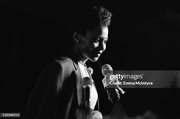 An alternative view of actress Emayatzy Corinealdi at the 2016 Pan African Film and Arts Festival closing night premiere of 'Miles Ahead' at Rave...