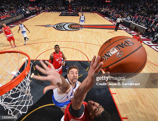 Anthony Davis of the Western Conference All-Stars grabs the ball away from Pau Gasol during the NBA All-Star Game as part of the 2016 NBA All Star...