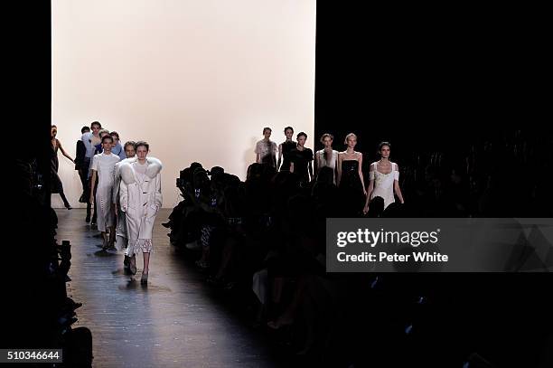 Model walks the runway wearing Prabal Gurung Fall 2016 during New York Fashion Week at The Arc, Skylight at Moynihan Station on February 14, 2016 in...