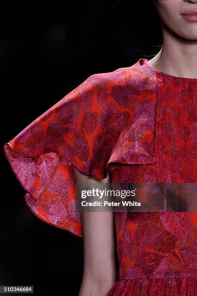 Model, details, walks the runway wearing Prabal Gurung Fall 2016 during New York Fashion Week at The Arc, Skylight at Moynihan Station on February...