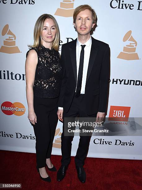 Marissa Ribisi and Beck arrives at the 2016 Pre-GRAMMY Gala And Salute to Industry Icons Honoring Irving Azoff at The Beverly Hilton Hotel on...