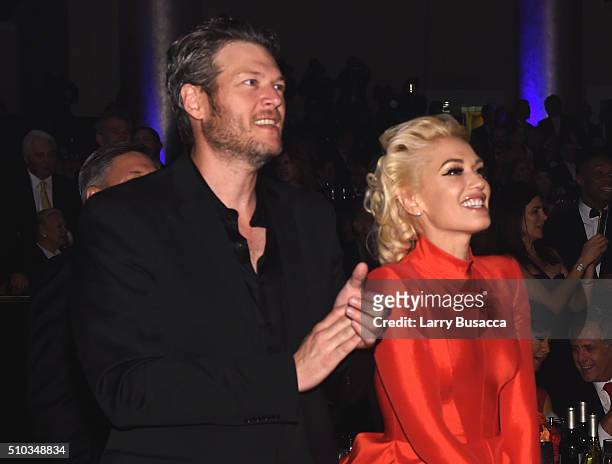 Recording artists Blake Shelton and Gwen Stefani attend the 2016 Pre-GRAMMY Gala and Salute to Industry Icons honoring Irving Azoff at The Beverly...