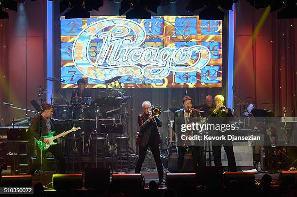 Recording artists Keith Howland, Walfredo Reyes, Jr. , James Pankow, Walter Parazaider, Tris Imboden , and Lee Loughnane of the music group Chicago...