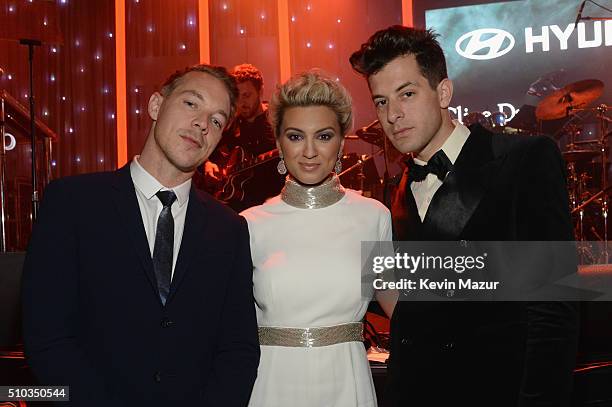 Recording artists Diplo, Tori Kelly, and Mark Ronson attend the 2016 Pre-GRAMMY Gala and Salute to Industry Icons honoring Irving Azoff at The...