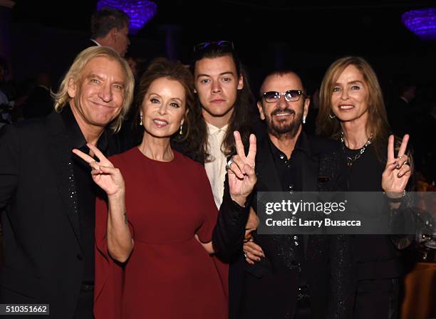 Musician Joe Walsh, Marjorie Bach, singer Harry Styles, musician Ringo Starr, and Barbara Bach attend the 2016 Pre-GRAMMY Gala and Salute to Industry...