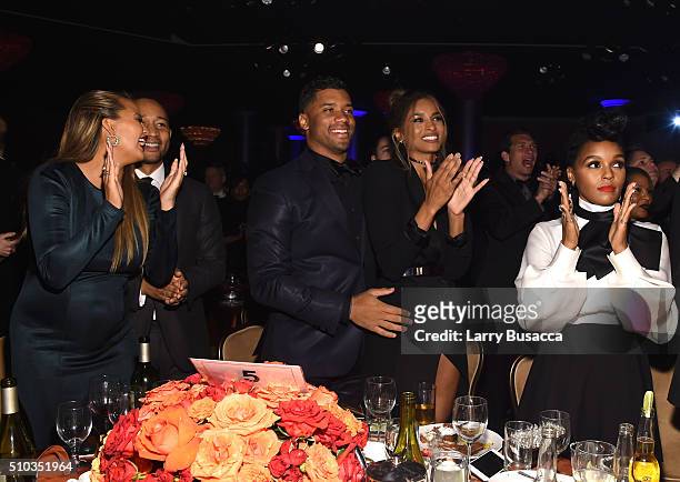 Model Chrissy Teigen, musician John Legend, NFL player Russell Wilson, singers Ciara and Janelle Monae attend the 2016 Pre-GRAMMY Gala and Salute to...