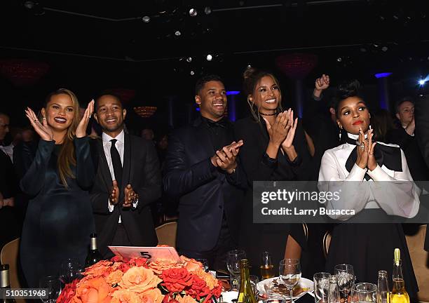 Model Chrissy Teigen, musician John Legend, NFL player Russell Wilson, singers Ciara and Janelle Monae attend the 2016 Pre-GRAMMY Gala and Salute to...