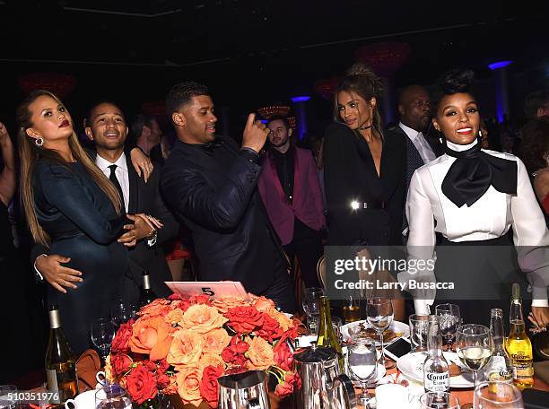 Model Chrissy Teigen, musician John Legend, NFL player Russell Wilson, singers Ciara and Janelle Monae attend the 2016 Pre-GRAMMY Gala and Salute to...