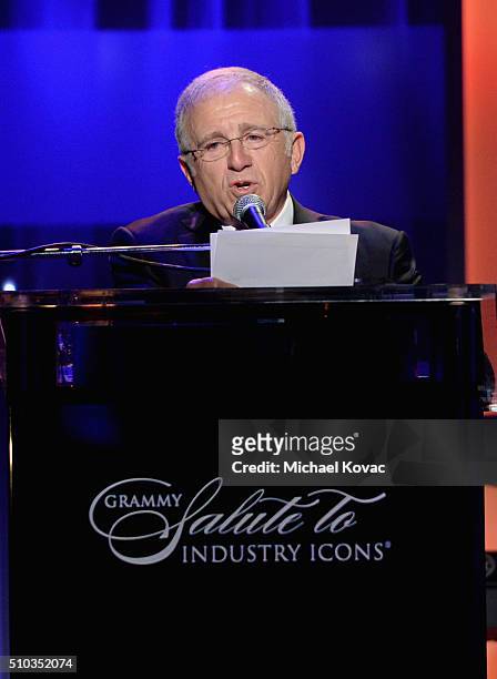 Honoree Irving Azoff accepts the President's Merit Award onstage during the 2016 Pre-GRAMMY Gala and Salute to Industry Icons honoring Irving Azoff...