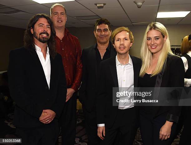 Musicians Dave Grohl, Krist Novoselic, Pat Smear, Beck and guest attend the 2016 Pre-GRAMMY Gala and Salute to Industry Icons honoring Irving Azoff...