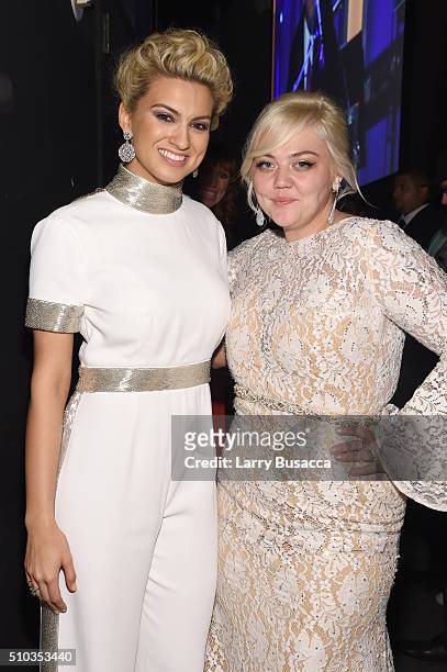Singers Tori Kelly and Elle King attend the 2016 Pre-GRAMMY Gala and Salute to Industry Icons honoring Irving Azoff at The Beverly Hilton Hotel on...